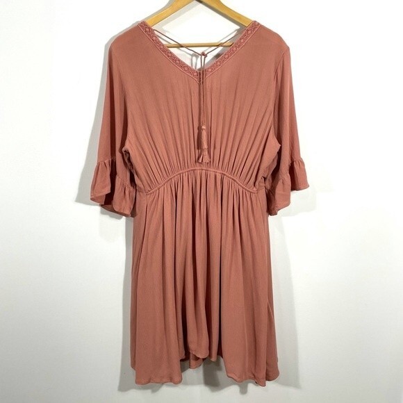 Maurices Boho Coral Rust Crochet Overlay V Neck Ruffle Sleeve Dress - Picture 9 of 13